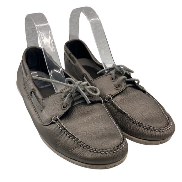 L.L. Bean Silver Gray Metallic Leather Slip On Lace Up 2 Eye Boat Shoe Loafer - Picture 1 of 11